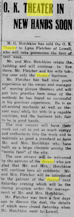 O.K. Theater - Sep 27 1915 Article